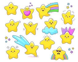 Cartoon cute funny kawaii stars characters in sky vector