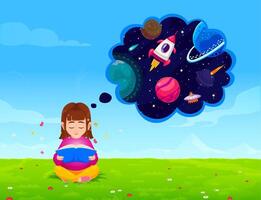 Girl on meadow thinking about space, reading book vector