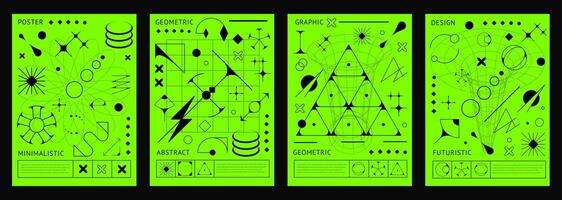 Brutal Y2K posters, acid green geometric shapes vector