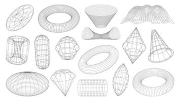 3D wireframe shapes, brutal and tech grids mesh vector