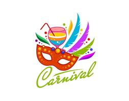 Carnival party icon, mask, cocktail and feathers vector