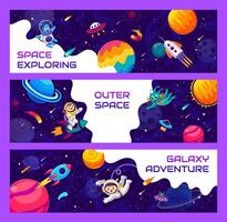 Space explore banners with alien and kid astronaut vector