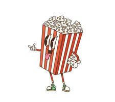 Cartoon groovy popcorn bucket, retro character vector