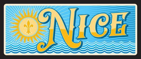 Nice city in France, retro travel plate vector