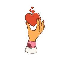 Groovy cartoon retro hippie hand with love heart vector