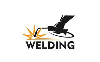 Weld icon. Welder hand, metal work tool and sparks vector