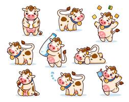 Cartoon cute cow animals characters with milk vector