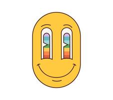 Cartoon retro groovy smile with long rainbow eyes vector