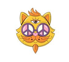 Cartoon groovy hippie cat character, 70s retro art vector