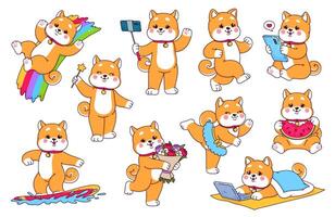 dibujos animados japonés contento shiba inu perrito perro mascotas vector