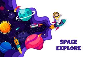 Space explore paper cut banner with kid astronaut vector