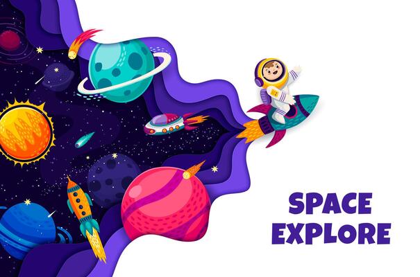 Space explore paper cut banner with kid astronaut