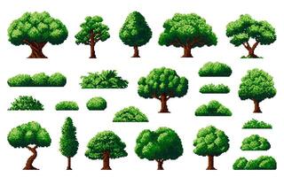 8bit forest, pixel tree, bush, arcade game assets vector