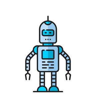 Futuristic droid, retro robot or bot line icon vector