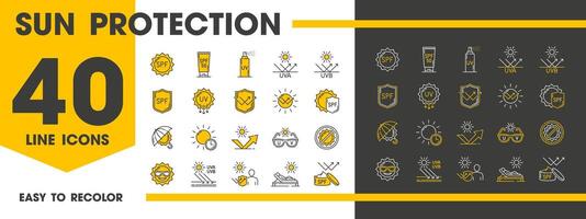 SPF, sunscreen, sun and ultraviolet protect icons vector