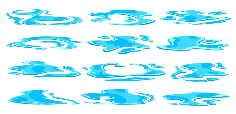 Rain water puddles isolated cartoon set