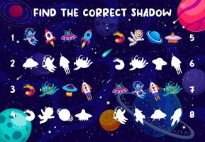 Shadow match game with UFO, planets, space rocket vector