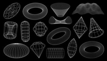3D wireframe shapes, brutal tech grids, retro mesh vector