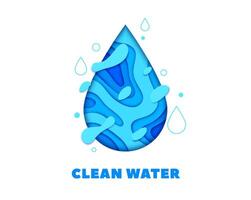 Clean water environment icon, blue drop paper cut vector