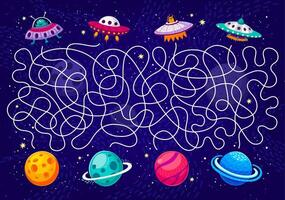 Cartoon galaxy labyrinth maze game UFO and planets vector