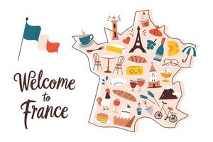 France map with doodles, french national symbols on country shape, travelling to Paris, Eifel tower illustration, cartoon composition with lettering, welcome to France, geography drawing vector