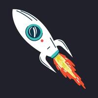 Spaceship icon, illustration of space shuttle on dark background, cartoon rocket, science symbol, explore universe, retro doodle, astronomy for children, space ship launch, interstellar flight vector