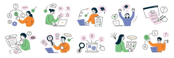 Students passing exams, tests in college, choosing answers on laptop. Distant education. Set of compositions with questions and checkboxes, colored illustrations of cartoon people vector