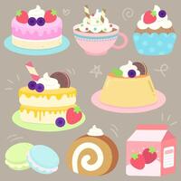 cute sweet hand drawn colorful sweet and dessert cakes cafe hopping illustration vector