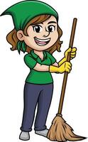 Woman sweeping the floor with broom illustration vector