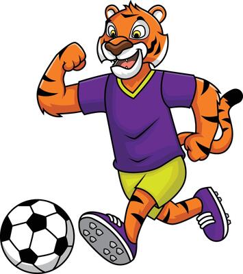 Tiger mascot playing soccer illustration
