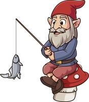 Old gnome fishing while sitting on a mushroom illustration vector