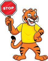 Tiger traffic controller holding stop sign illustration vector