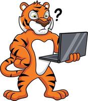 Confused tiger holding a computer illustration vector