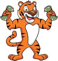 Tiger holding cash with both hands illustration vector