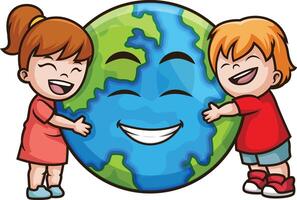 Two children hugging our planet Earth illustration vector