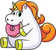 linda unicornio comiendo un rosquilla ilustración vector