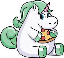 Chubby unicorn eating pizza illustration vector