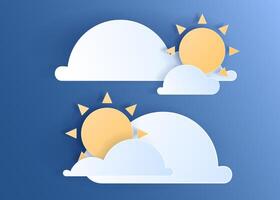 Paper cut weather element of clouds and sun on blue sky background. Forecast white cloud icon symbol collection. 3D Papercraft frame icon for posters and flyers, presentation, web, social media vector