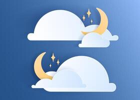 Paper cut weather element of clouds and moon on blue background. Forecast white cloud icon symbol collection. 3D Papercraft frame icon for posters and flyers, presentation, web, social media vector