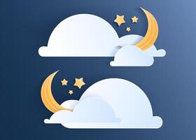 Paper cut weather element of clouds and moon on blue background. Forecast white cloud icon symbol collection. 3D Papercraft frame icon for posters and flyers, presentation, web, social media vector