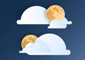Paper cut weather element of clouds and moon on blue background. Forecast white cloud icon symbol collection. 3D Papercraft frame icon for posters and flyers, presentation, web, social media vector