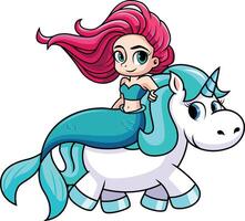 Cute mermaid riding a unicorn illustration vector