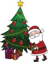 Santa claus leaving a present under a christmas tree illustration vector