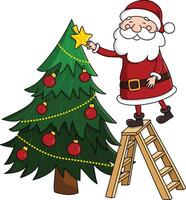 Cute santa claus on a ladder decorating a christmas tree illustration vector