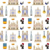 Seamless pattern with architectural landmarks and food of Portugal, the illustration is made in a flat style for wallpaper background, gift packaging, souvenir product design, postcards vector