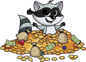 Raccoon bandit buried in treasure illustration vector