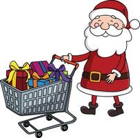Papa Noel claus sonriente y emprendedor un compras carro lleno de regalos ilustración vector