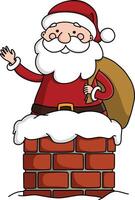 Cute santa claus with his gift sack waving as he goes down the chimney illustration vector