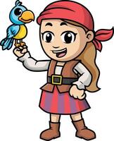 Pirate girl holding parrot illustration vector