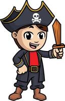 Pirate kid holding wooden sword illustration vector
